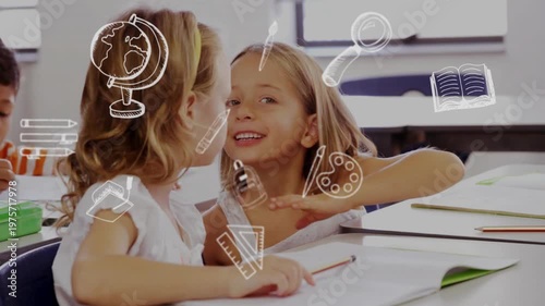 Right student leaning in whispering help to left student writing in workbook, icons overlaying