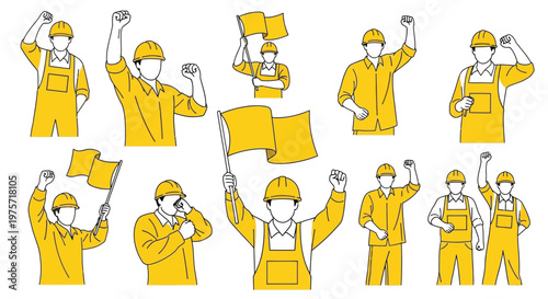 Diverse construction workers celebrate with raised arms and waving flags