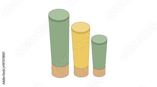 Three colorful cylindrical shapes standing.