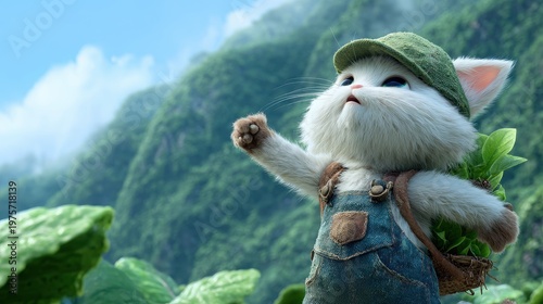 Adorable anthropomorphic cat character wearing overalls and a green cap adventuring through lush green mountainous landscape with a backpack full of fresh produce vibrant daylight illuminating the