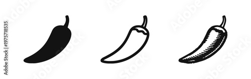 Chili Pepper Icon Set: Hot and Spicy Vegetable in Silhouette, Outline, and Hand-Drawn Sketch Styles