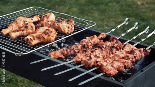 Pork skewers and chicken feet marinated grilling on rack over coals, spring barbecue in backyard