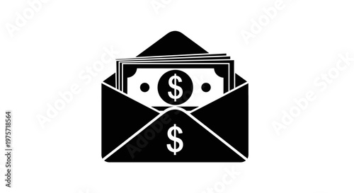 Black and white illustration of an open envelope containing cash and a dollar symbol