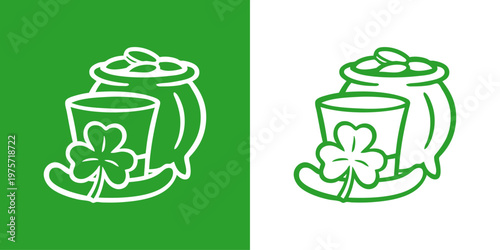 Día de San Patricio. Logo con dibujo con líneas de sombrero de leprechaun, trébol de tres hojas y olla con monedas de oro para felicitaciones y tarjetas