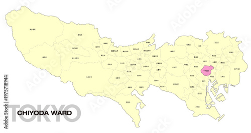 [日本地図] 東京都千代田区の市区町村名入り位置地図 (英語)