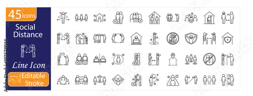Social Distance Icons Set, Physical Distancing, Safety Measure, Public Health, Virus Prevention, Keep Distance, Healthcare Awareness, Editable Stroke Vector Illustration.