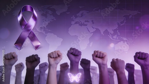 Raised fists of diverse people united to support the purple awareness ribbon representing global health advocacy and social justice movements