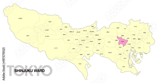 [日本地図] 東京都新宿区の市区町村名入り位置地図 (英語)