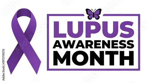 Purple ribbon and butterfly emblem designed to support lupus awareness month for patients and survivors living with chronic illness