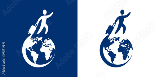 Logo agencia de viajes. Dibujo minimalista con silueta de un hombre andando con una maleta alrededor de un globo terráqueo en color azul