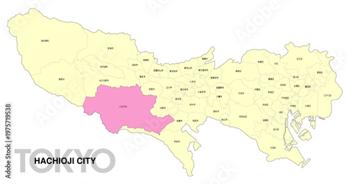 [日本地図] 東京都八王子市の市区町村名入り位置地図 (英語)