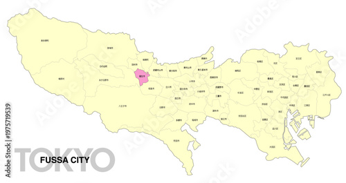 [日本地図] 東京都福生市の市区町村名入り位置地図 (英語)