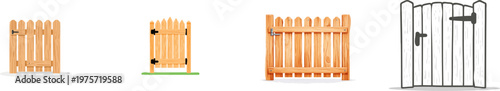 A minimalist wooden garden gate with a simple iron latch stands against a pure white background, showcasing sharp clean contours in solid rustic colors