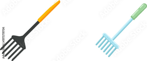 A minimalist garden soil rake with a long dark grey handle and sharp clean contours is depicted against a pure white background in this vector illustration
