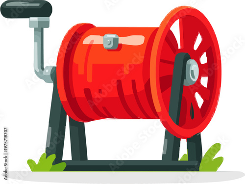 A vibrant red garden hose reel with a simple black hand crank stands on grass against a stark white background, exuding an industrial yet minimalist aesthetic