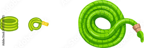 A neatly coiled green garden hose with a simple nozzle is depicted in a minimalist flat design on a pure white background