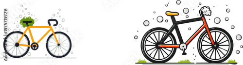 A minimalist illustration of a generic unbranded bicycle being cleaned with a soapy sponge, set against a pure white background