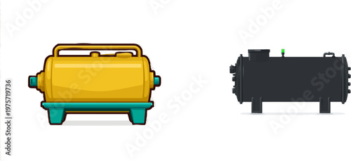 A minimalist, flat vector illustration of a large outdoor compost tumbler in black plastic with sharp clean contours against a pure white background