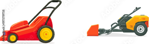 A vibrant orange leaf blower with sharp clean contours stands out against a pure white background in this minimalist 2D graphic