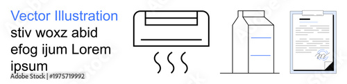 Smart appliances, beverages, contracts, modern living, utilities, documentation. Line art icons of an air conditioner, milk carton and a signed document. Smart appliances and beverages concept