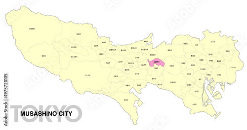 [日本地図] 東京都武蔵野市の市区町村名入り位置地図 (英語)