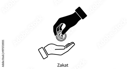 Black and white illustration of hand giving coin for zakat charity