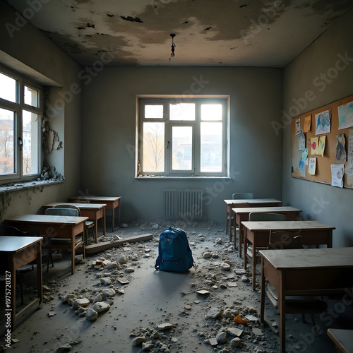 Ruined primary school classroom after shelling in war zone 2026.