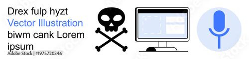 Cybersecurity, data protection, hacking, digital threats, online safety, communication. Skull icon, computer screen and microphone icon. Cybersecurity and data protection concept