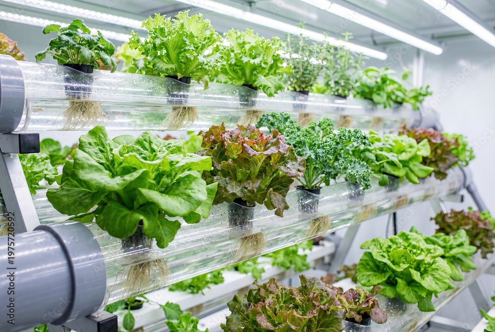 Fototapeta premium Vibrant lettuce, kale, and herbs flourish in a high-tech hydroponic vertical farm. Clear tubes with roots and LED lights exemplify sustainable indoor agriculture.