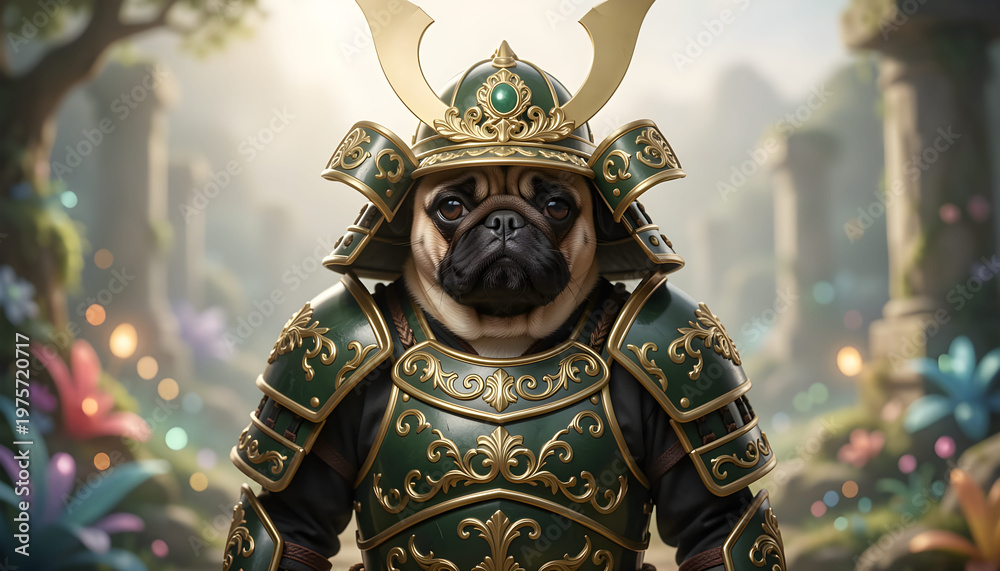 Fototapeta premium Pug dog samurai warrior decorative green armour gold trim