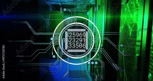 Chip HUD advancing progress, starting numeric streams and lighting circuit nodes in datacenter