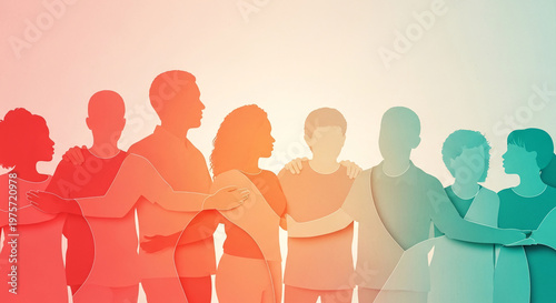 Silhouette of group, with varied skin tones, embracing. Gradient from red to green. Representative of unity, diversity, and social connection