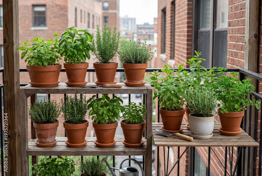 Fototapeta premium Lush urban balcony garden showcasing an array of fresh potted herbs including basil, rosemary, thyme, mint, and parsley on rustic wooden shelves.