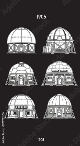 Futuristic geodesic dome house collection, 6 white line art architectural habitat icons, sci-fi modular living structures on black background