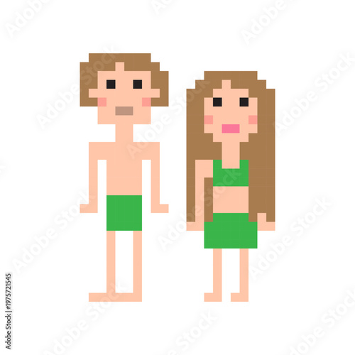 Pixel human couple. Adam and Eva. Man woman Vector. Square block style. Minimal characters. Manual vector only. No autotrace used.