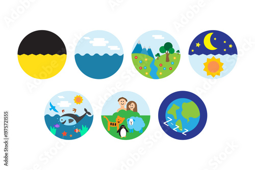 Creation days set. Biblical world Vector. Seven circle icons. Nature process symbol. Manual vector only. No autotrace used.