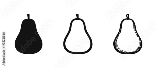 Pear Fruit Icons Set. Solid Shape, Clean Outline, and Rough Sketch Styles for Food Graphics, Healthy Living, and Vegan Diet.