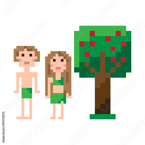 Eden garden scene. People tree Vector. Pixel nature style. Biblical story concept. Manual vector only. No autotrace used.