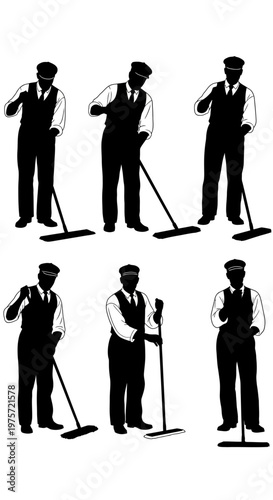Vintage janitor silhouette set, professional cleaner in uniform with mop vector, retro maintenance worker and custodian staff collection