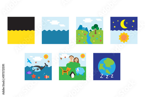 Biblical creation story. World origins Vector. Square icons set. Nature growth stages. Manual vector only. No autotrace used.