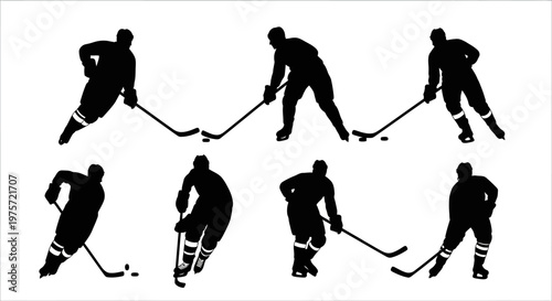 Ice hockey player silhouettes set, professional athlete action poses with sticks and pucks, black vector figures for sports design and competition posters