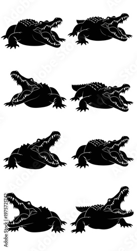 Crocodile silhouette vector set, black alligator icons with open jaws, aggressive reptile predator collection for logos and wildlife design