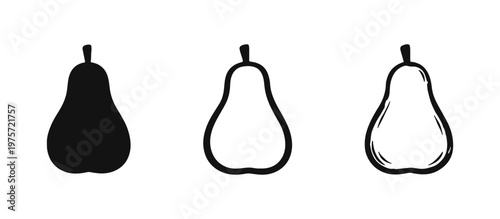 Pear fruit icon set in solid, outline, and hand-drawn styles on a white background.