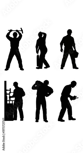 Industrial construction worker silhouettes, set of 6 manual labor characters, professional builder and handyman vector icons for safety signage