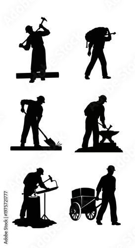 Vintage industrial worker silhouettes, set of 6 manual labor vector icons, blacksmith and construction laborer figures, antique trade profession graphics