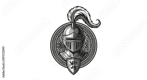 Medieval Knight Helmet and Shield Emblem - Vintage Heraldry Design