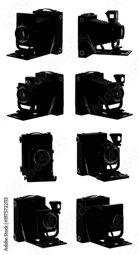 Vintage folding camera silhouettes, set of 8 antique photography icons, retro large format camera vector graphics for history and art design