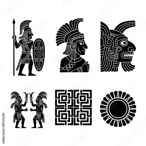 Ancient Aztec warrior icons set, Mayan tribal silhouette vector elements, Mexican indigenous civilization symbols and geometric patterns