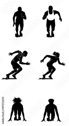 Athletic sprinter silhouettes set, professional runners starting race from blocks, track and field athlete vector collection for sports competition