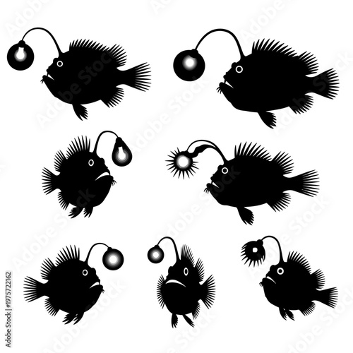 Anglerfish silhouette vector set, deep sea angler fish icons with glowing lures, black predatory monkfish illustrations on white background